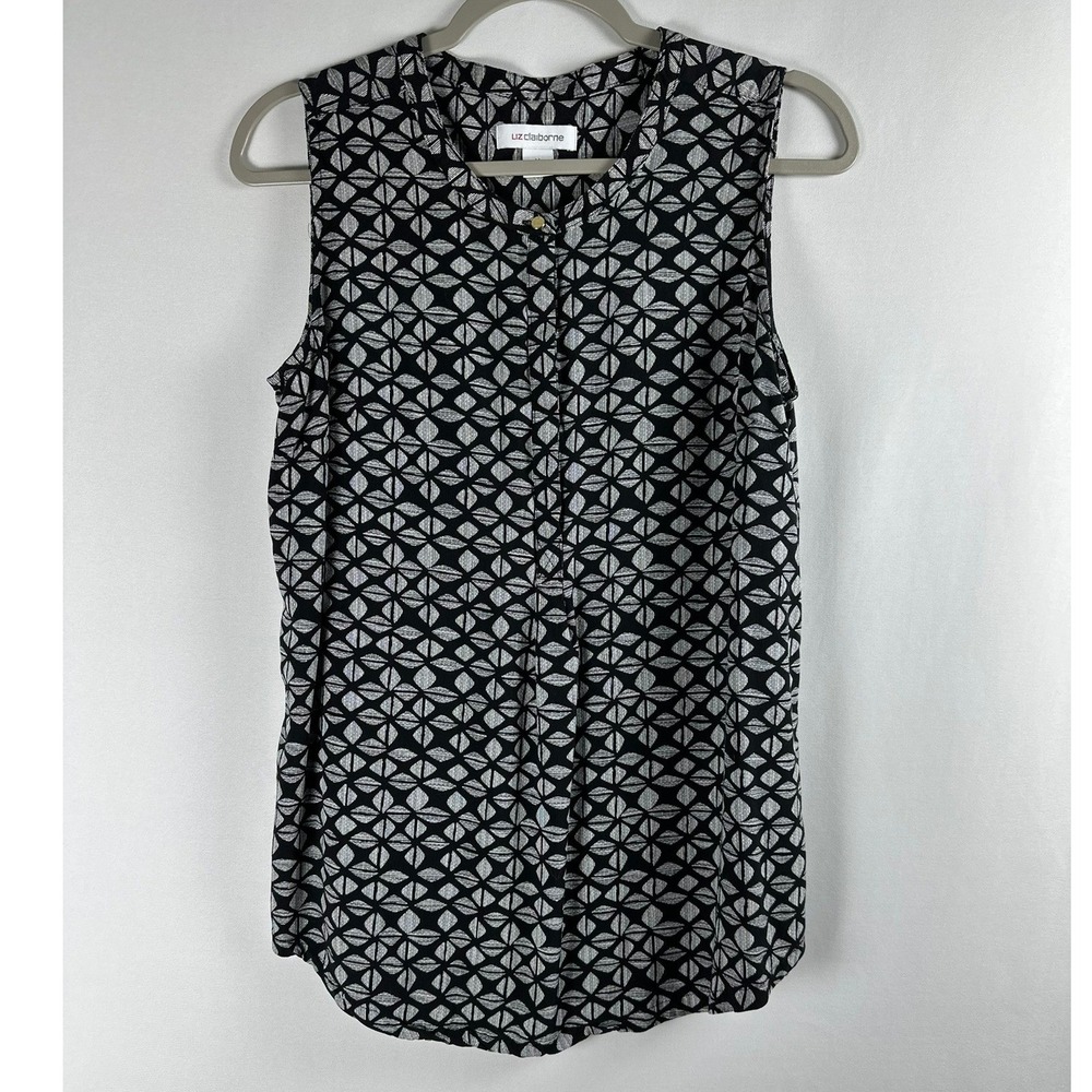 Liz Claiborne Sleeveless Blouse Womens M Black Geometric Business Casual Career‎
